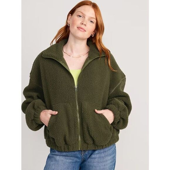 Old Navy Womens 723210 Sz M Conifer Green Sherpa Full Zip Long Sleeve Jacket - Picture 7 of 7
